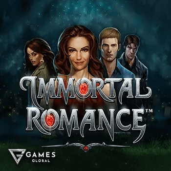 Imagem mostrando a logo do jogo de slot Immortal Romance com quatro personagens do jogo